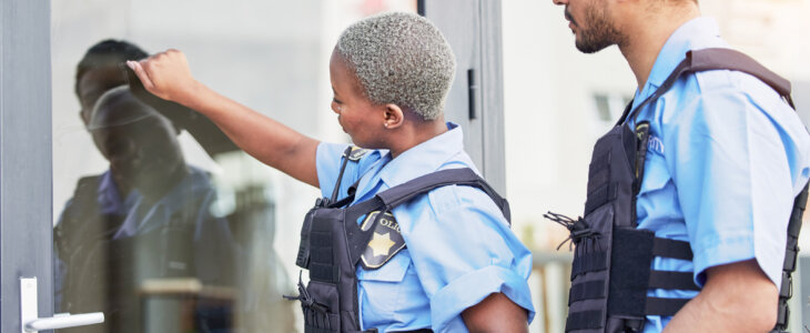 Crime, patrol and police knocking on a door for justice, security and law at a home. Together, teamwork and a black woman and man at a house for service, check and helping the community for work